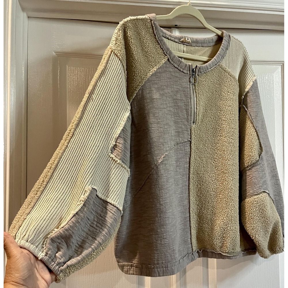 POL Sweater Womens Medium Beige 1/4 Zip Patchwork Fleece Boho Knit Pullover